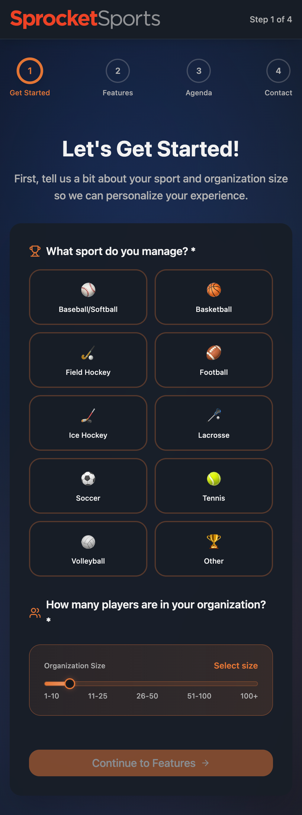 Sports Software Lead Capture Interface